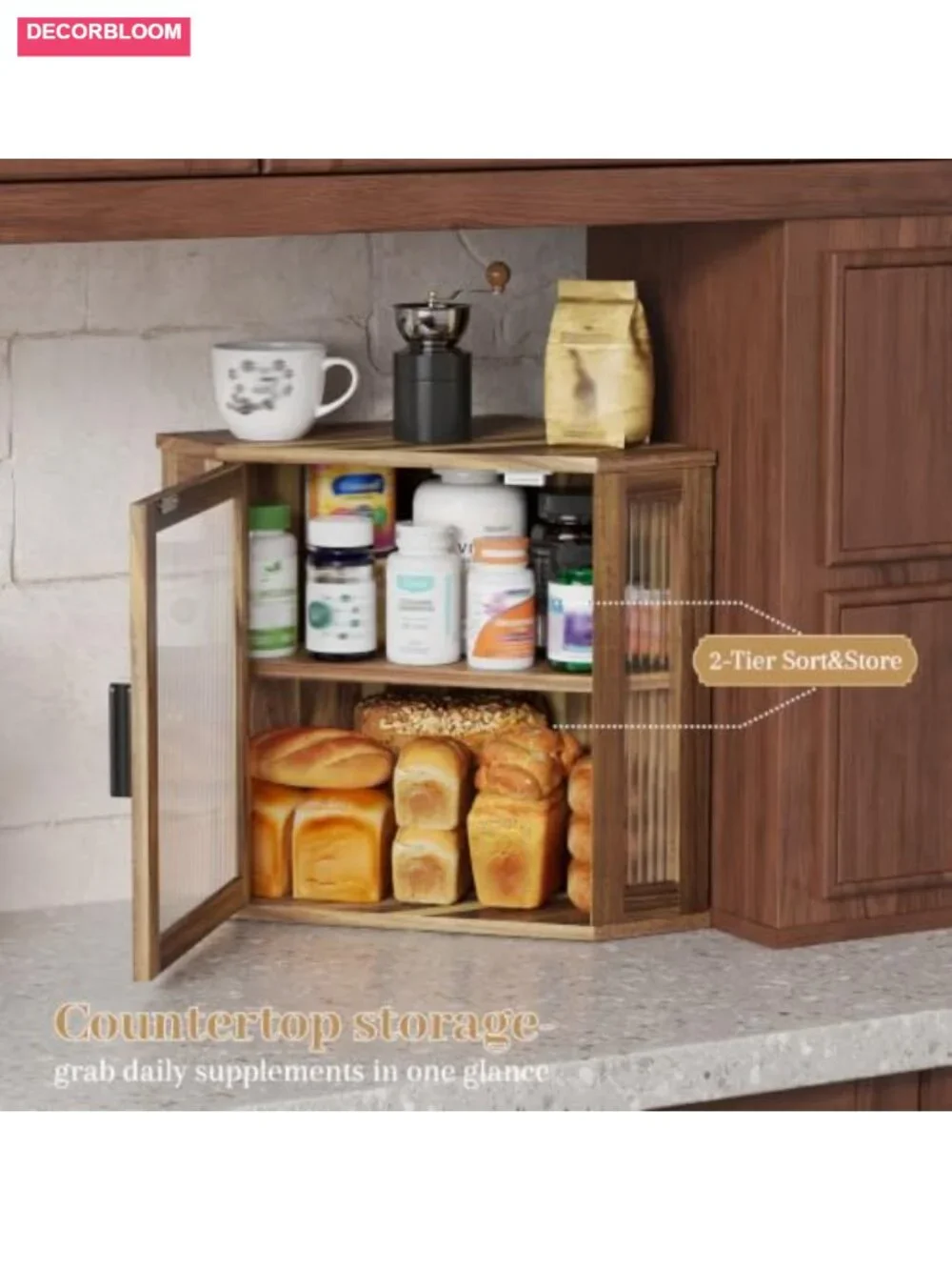 Acacia Wood Corner Bread Box for Kitchen Countertop, Large Capacity w/ Magnetic